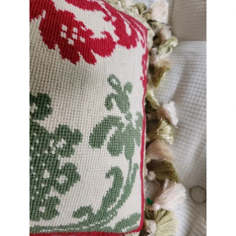 Beige Red Sage Green Tapestry Needlepoint Throw Pillow 12x12 Zipper Tassel Trim